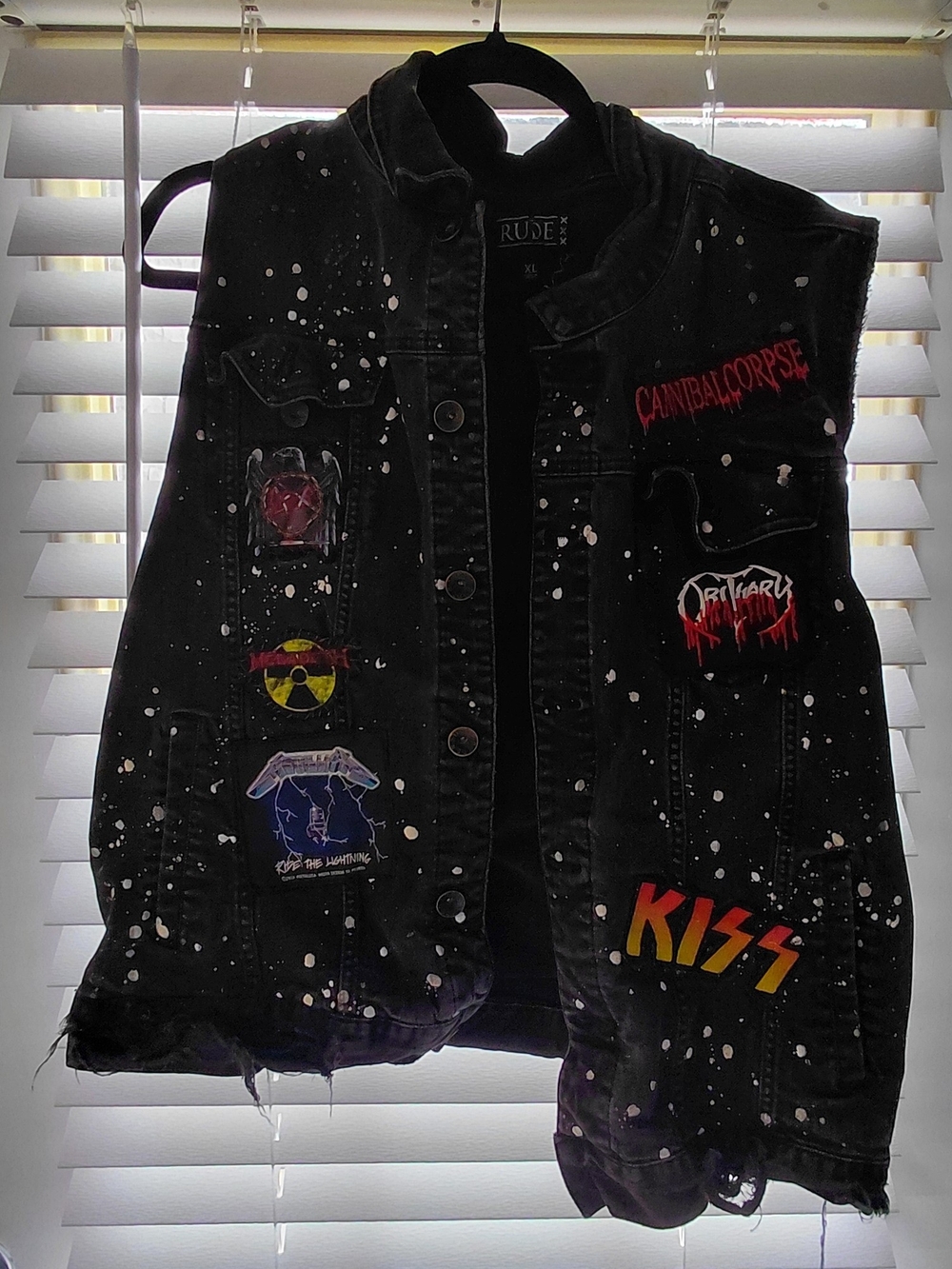 Rude XL Black Distressed Denim Vest with Band Patches